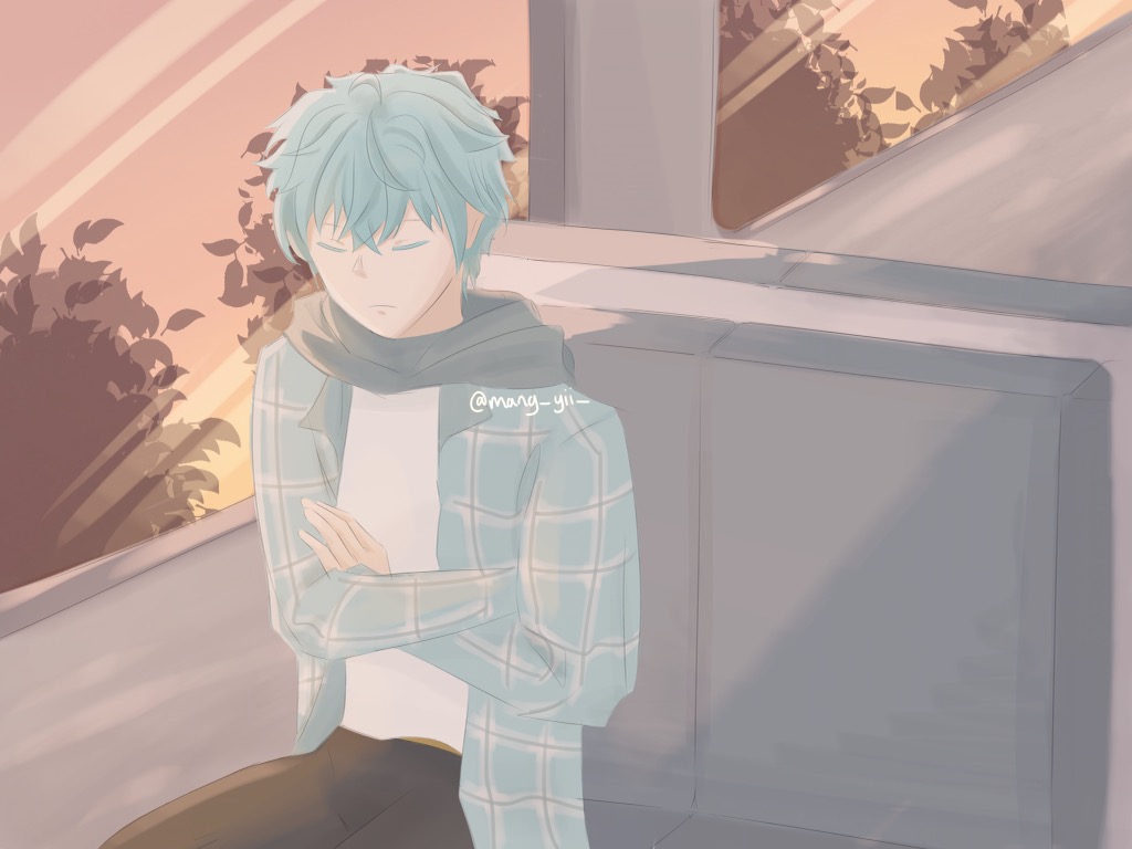Chongyun (from Genshin Impact) sleeping next to a window on a train with a sunset in the background
